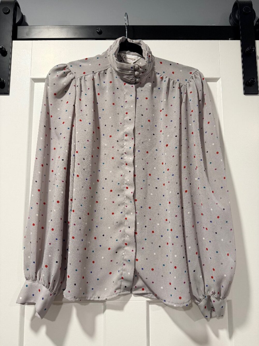 Vintage Alexandria Gray Polka Dot High Neck Blouse Ladies Size 8